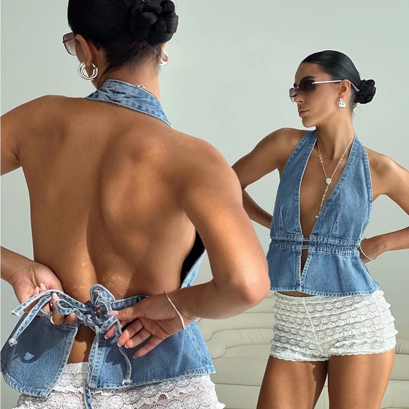 Princess Polly Tops - Princess Polly Blue Denim Halter Top